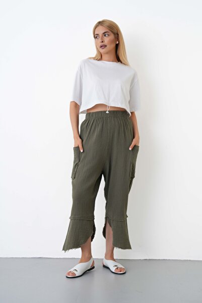 THE VOLER 100% Cotton Muslin Shalwar Trousers Women's High Waist Oversize Rel...