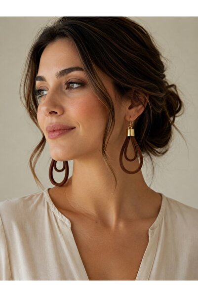 Kutcha Accessories Mila Genuine Leather Drop Earrings – Brown & Gold Detailed