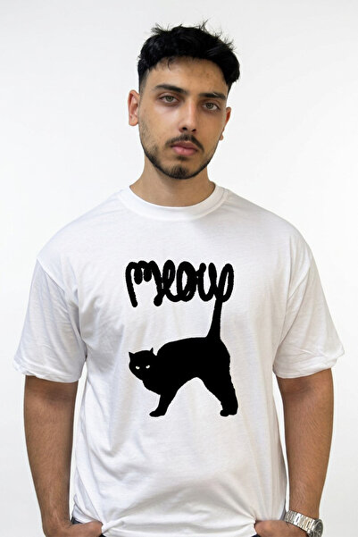 Anetos Meow Black Cat Design Printed Oversize White T-Shirt