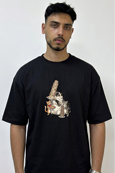 Anetos Cats Pisa Cake Design Printed Oversize Black T-Shirt