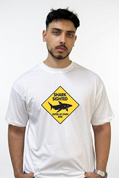 Anetos Shark Sighted Design Printed Oversize White T-Shirt