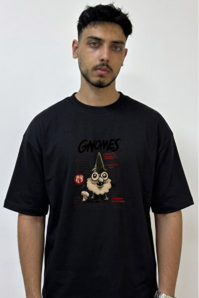 Anetos Gnome Cartoon Design Printed Oversize Black T-Shirt