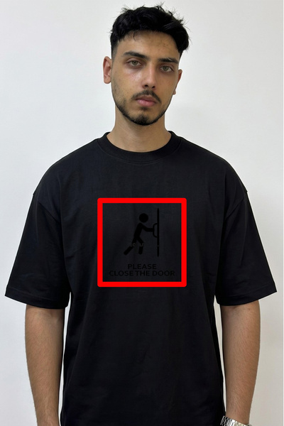 Anetos Close Door Design Printed Oversize Black T-Shirt