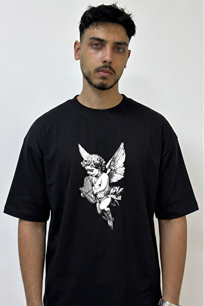 Anetos Tricou negru supradimensionat cu imprimeu Cherub Harp Design