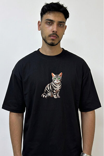 Anetos Tekir Kedi_1 Design Printed Oversize Black T-Shirt