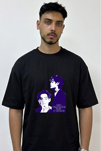 Anetos Kim Taehyung_2 Design Printed Oversize Black T-Shirt