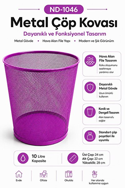 Need Tam Delikli Metal Fileli Mor Çöp Kovası - ND-1046