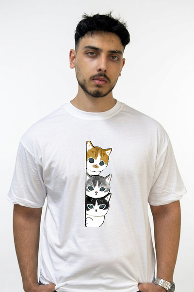 Anetos Cartoon Cats Design Printed Oversize White T-Shirt