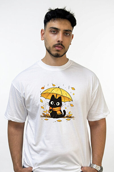 Anetos Black Cat Design Printed Oversize White T-Shirt with Umbrella