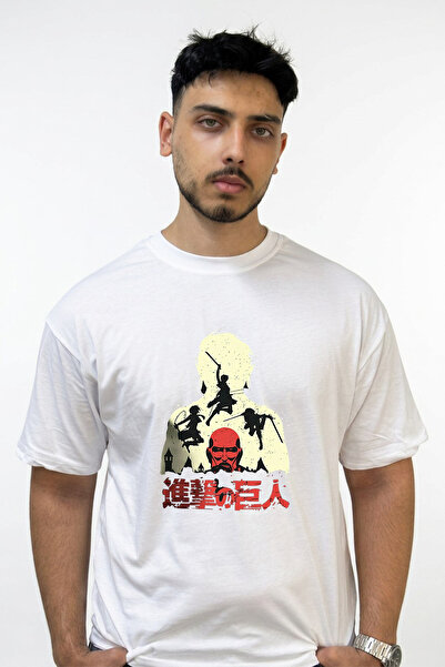 Anetos Shingeki No Kyojin Design Printed Oversize White T-Shirt