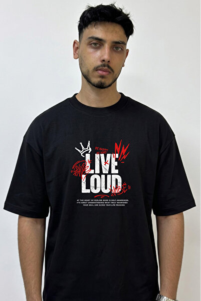 Anetos Graffiti Crown Design Printed Oversize Black T-Shirt