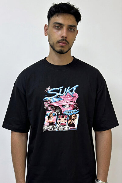 Anetos Suki S2000 Design Printed Oversize Black T-Shirt