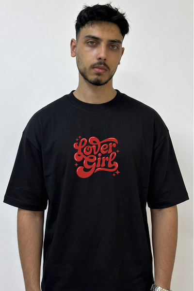 Anetos Lover Girl Design Printed Oversize Black T-Shirt