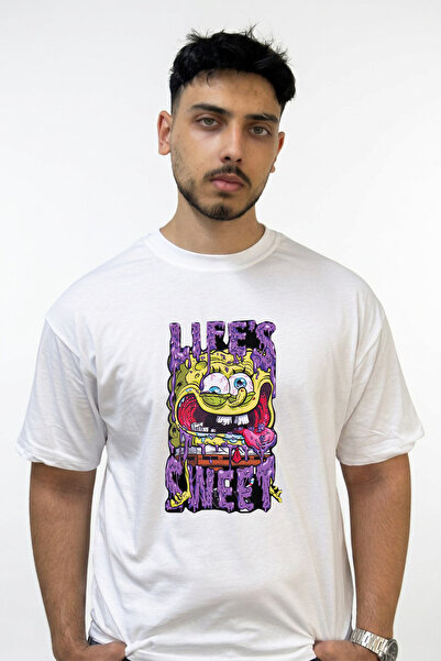 Anetos Spongebob Zombie Design Printed Oversize White T-Shirt