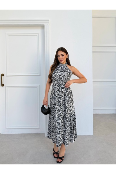 Aryesa butik DESENLİ KUSAKLI HALTER YAKA ELBİSE