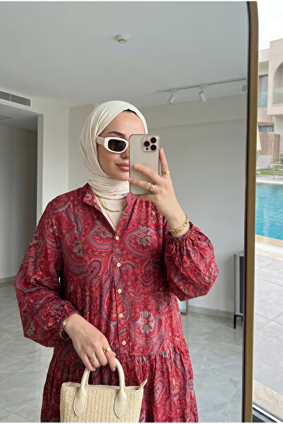 Kirazca Butik Kadın Paisley Şal Desenli Kat Kat Tesettür Elbise (ASTARSIZ)