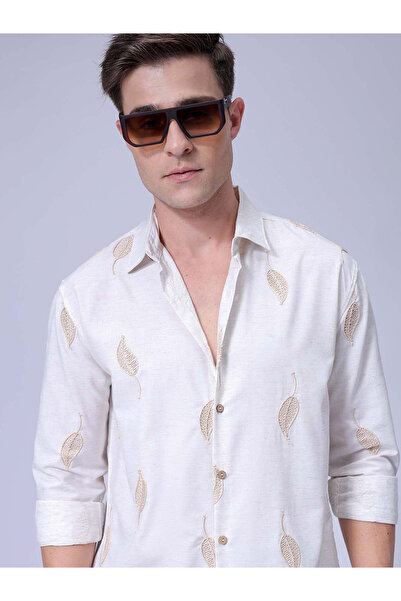 The Indian Garage Co By Styli Men Off White Relaxed Fit Embroidered Shirt