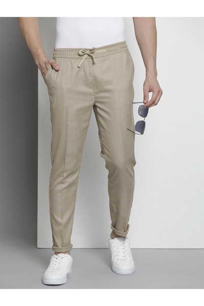 The Indian Garage Co By Styli Men Beige Regular Fit Herringbone Drawstring Tr...