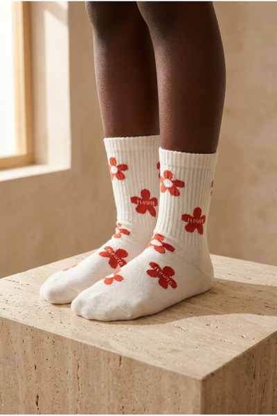 Katia&Bony Girl's Floral Patterned Socks Ecru/Burgundy