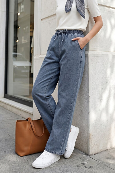 MODAQU Pantaloni din denim cu talie elastică și picior larg - Tint
