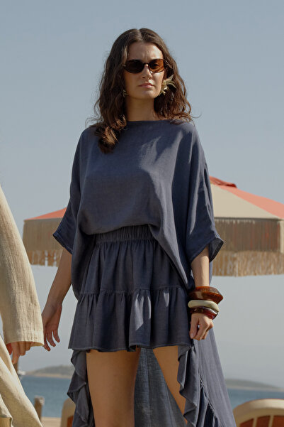İKİKIZ Linen Navy Ruffle Skirt