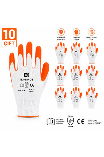 Baymax 10 Çift Turuncu Nitril Kaplı İş Eldiveni Beyaz Polyester Örme Kaymaz K...