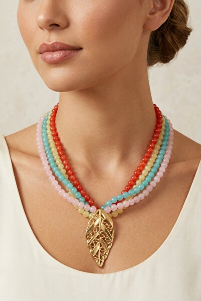 PETEK AKSESUAR Leaf Detail Glass Bead Necklace
