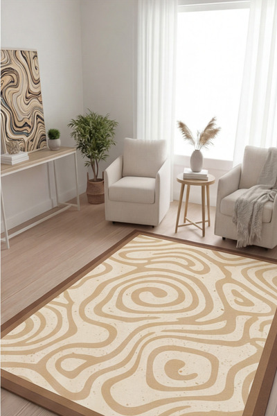 DOREM Modern Bej Salon Halısı Kaymaz Taban Dijital Baskı Dekoratif Oturma Oda...