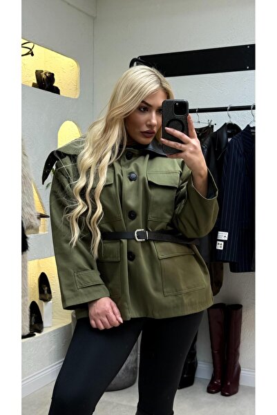 liya butik Haki Kemerli İçi Kapitoneli Trenckot