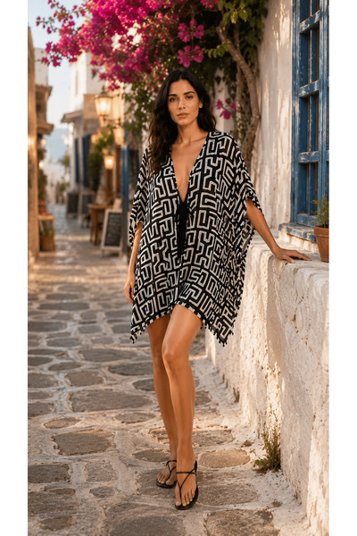 Hayalet Handmade Kimono Tarzı Pamuklu Şifon Plaj Pareosu & Tunik