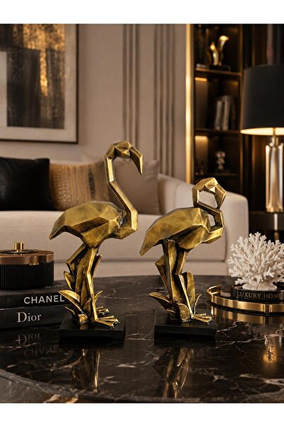 SZN DEKOR Gold Flamingo Biblo Seti 2’li – Modern Geometrik Kuş Figürlü Lüks S...