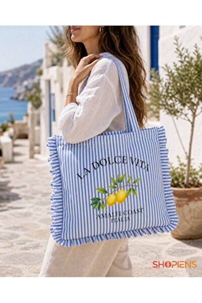SHOPIENS Geantă tote albastră de damă cu dungi albe, model cu lămâi, Coasta A...
