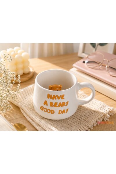 SHOPIENS Cană ceramică decorativă albă cu ursuleț 3D în interior, 370ml, mesa...