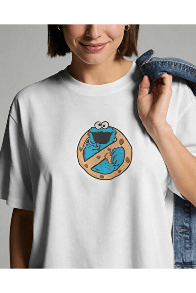 buzagi tasarım ürünleri Cookie Monster Unisex White Oversize T-Shirt