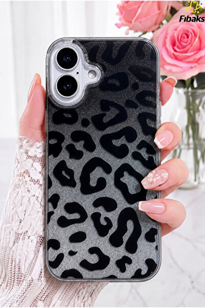 Fibaks Simli Leopar iPhone 16 Kılıf Glitter Leopard Şeffaf Telefon Kılıfı Sim...