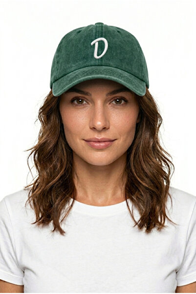 ŞapkaMania Letter D Dark Green Embroidered Washable Vintage Unisex Hat