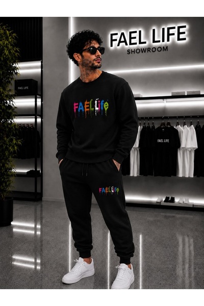 FAEL LİFE Unisex Wide Cut Zero Neck and Sweatpants Colorful Printed Set