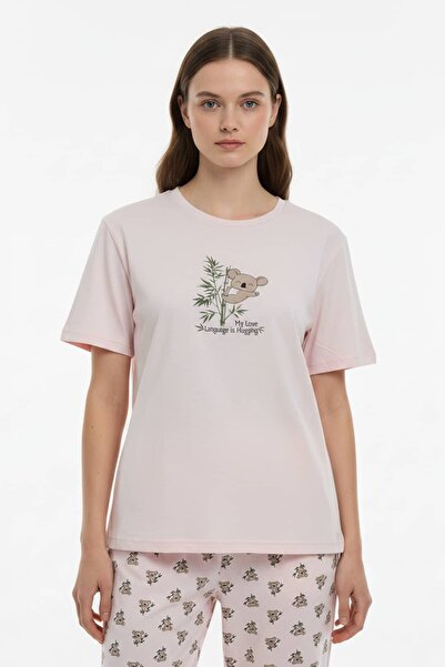 girlstop Kadın %100 Pamuk Koala Baskılı Oversize Kısa Kol Üst