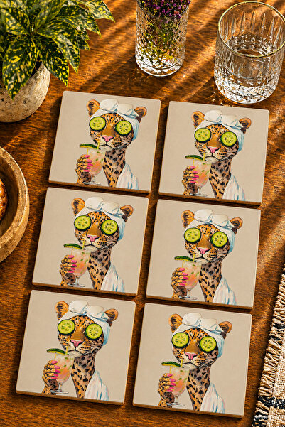 JHAAR Caring Leopard Modern Set of 6 Coasters - Uv Printed Mdf - 10X10 cm