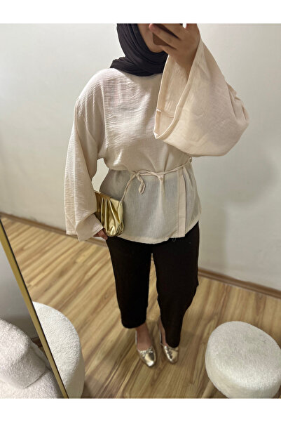 BNGL Boutique Müslin keten karışımı kuşaklı açık bej bluz/tunik