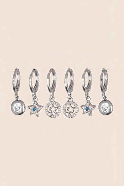 Hetra Silver Colored Steel Blue Stone Star Figured Dangle Earrings Set of 6