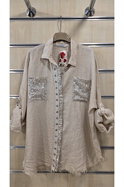 Park Moda Italian Linen Shirt with Sequin Pocket Detail, Oversized Cut