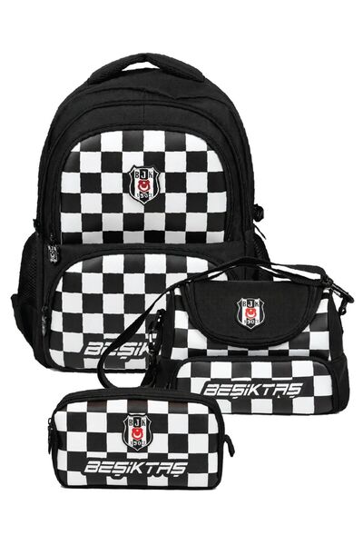 Beşiktaş Boy's Triple Primary School School Bag Set - Checkered Print (Black ...