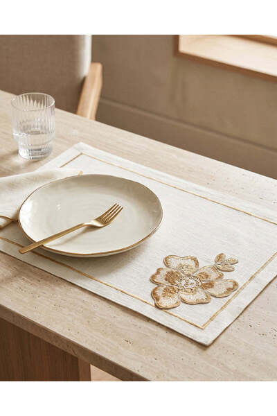 REDTAG Ivory Cotton Rectangle Embroidered Placemat Set (2 Piece)