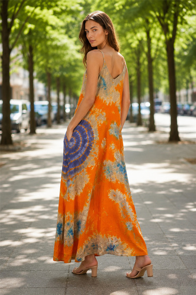 Miss Boheme Orange Color Tie-Dye Patterned Strap Dress