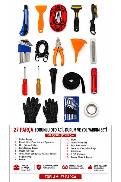 Kendo 27 Parça Zorunlu Oto Acil Durum ve Yol Yardım Seti – Çekme Halatı, Alya...