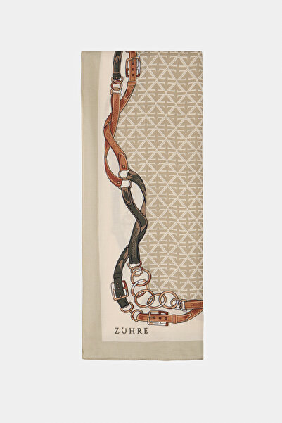 Zühre Buckle Belt Printed Geometric Patterned Beige Shawl 0064