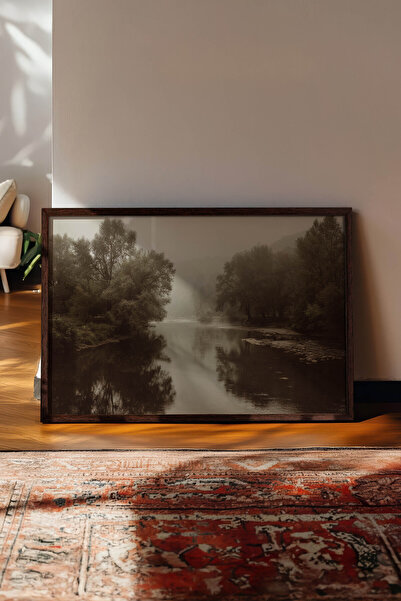 Zestia Vintage Horizontal Wall Art Painting, Misty River Forest Reflection, B...