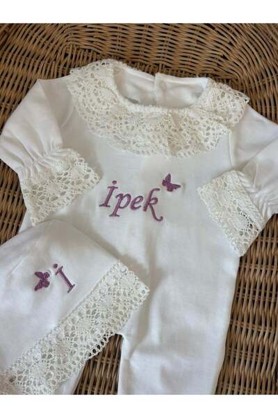 Mini Ropa İsme Özel Dantel Detaylı Bebek Tulum Ve Şapka