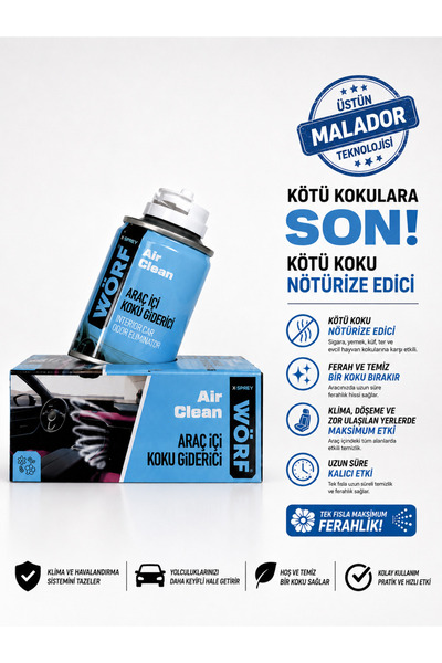 WÖRF Air Clean Araç İçi Koku Giderici 150 ml | Klima ve Oto Kötü Koku Nötralize Edici Aerosol Sprey